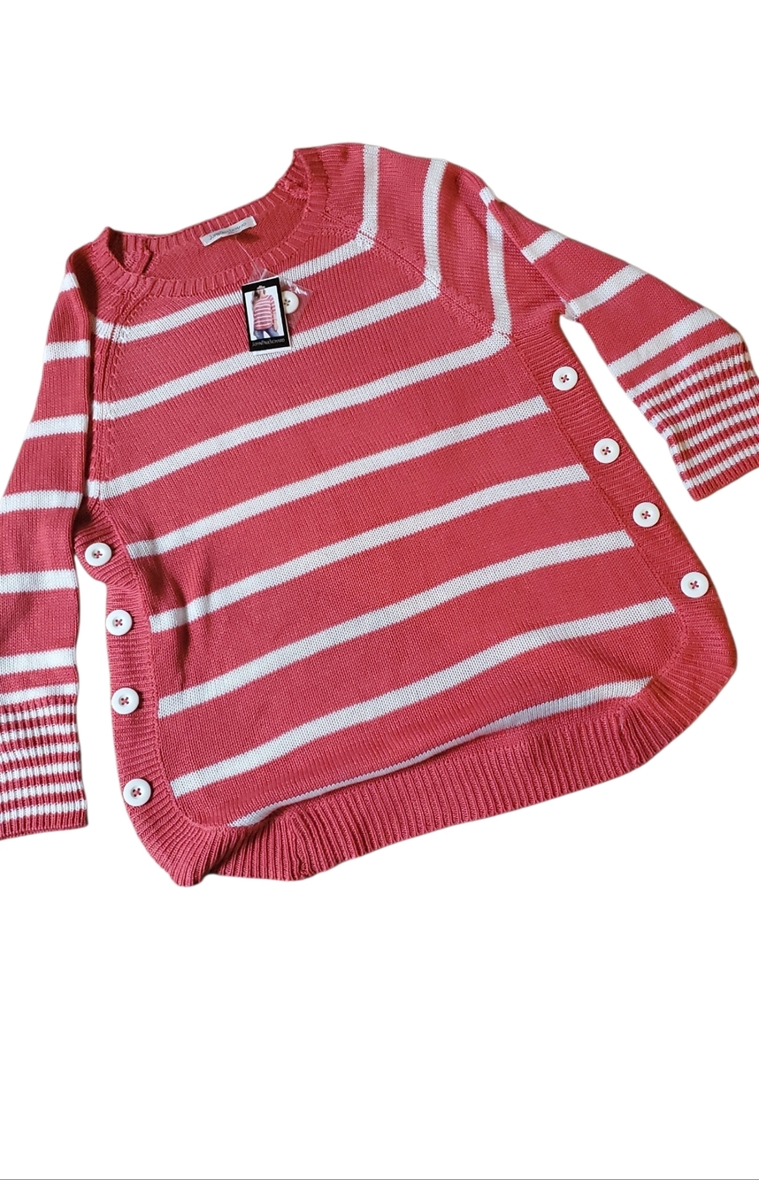 NWT John Paul Richard Womens Coral Ivory Striped Pullover Sweater Top Size Med